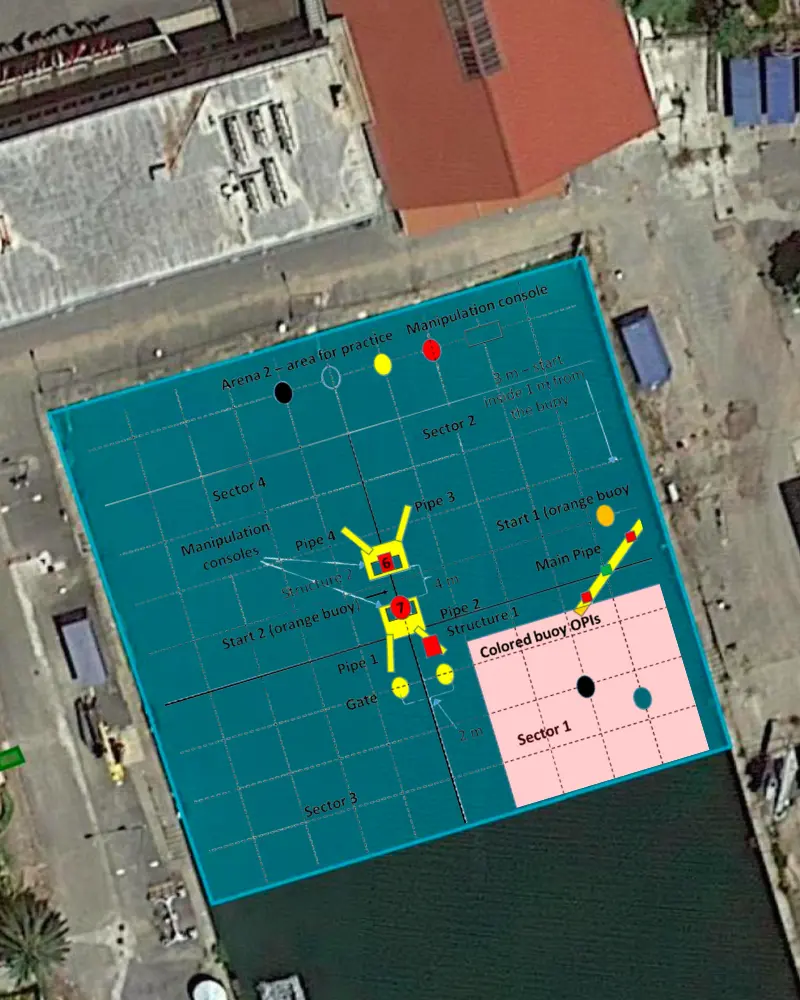 A satellite image of the naval base where the competition takes place, with the various competition areas marked.